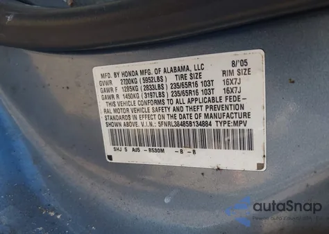 2005 Honda Odyssey Ex z USA, uszkodzony, nr VIN 5FNRL38485B134884